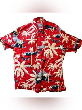 Vintage Jams World Mens Edition Rayon Hawaiian Shirt Palm Trees Red Size L⁠